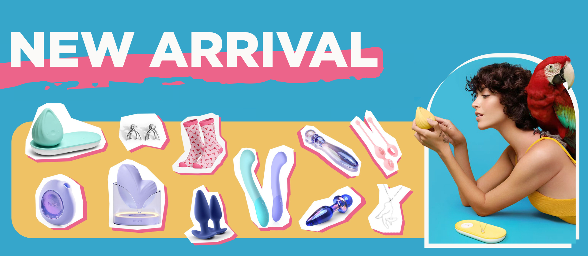 Promotional banner for new product arrivals with illustrations and a woman holding a parrot.