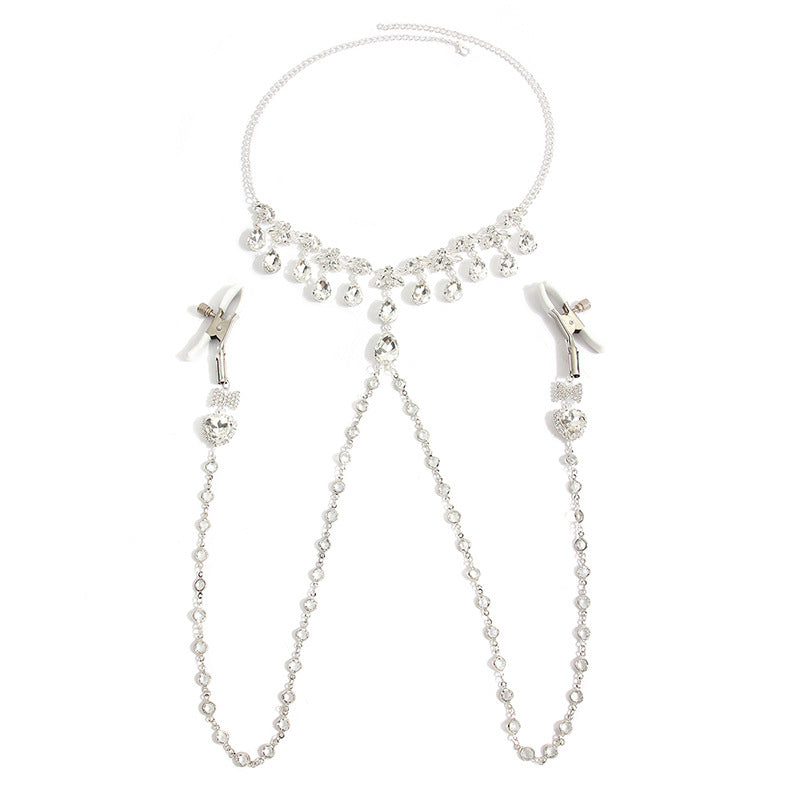 Heart & Bow Crystal Chain Nipple Clamps with Collar