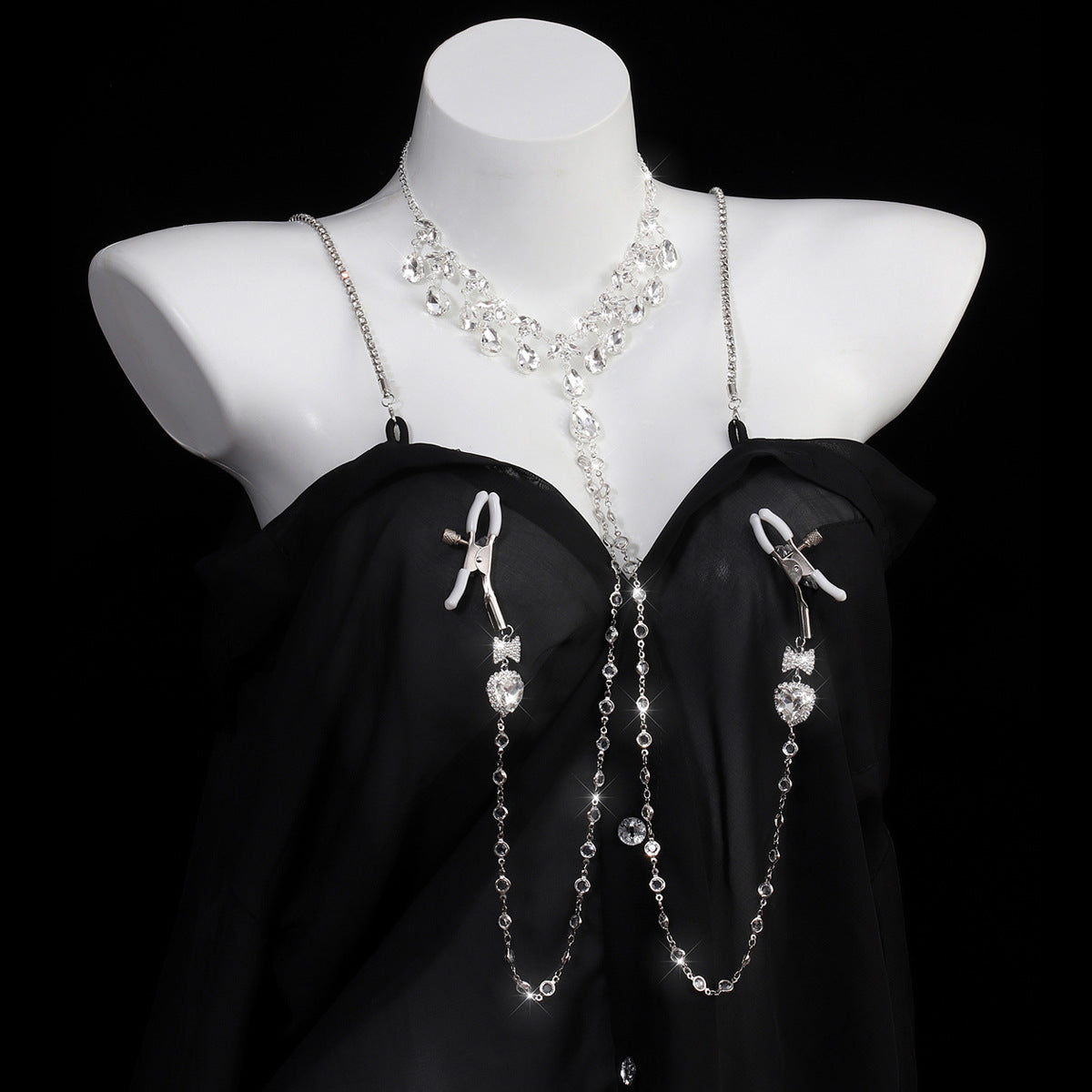 Heart & Bow Crystal Chain Nipple Clamps with Collar