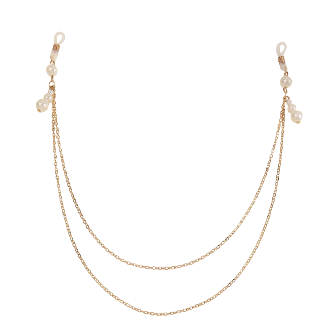 Gold chain eyeglass holder with pearl accents on a white background