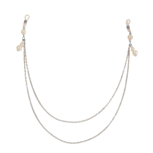 Silver chain with pearl beads on a white background