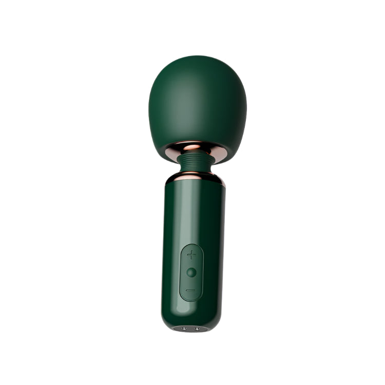 Green handheld vibrator with a cylindrical body and spherical top on a white background