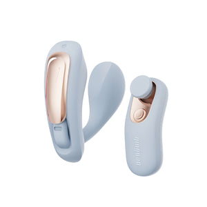 Light blue and rose gold vibrator on a white background