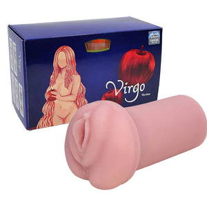Pink cylindrical object with 'Virgo' packaging featuring a woman and an apple on a white background