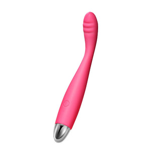 A pink, flexible ribbed slim G-spot vibrator with a sleek design and a metallic tip.
