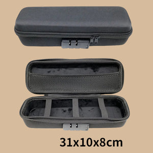 A black hard-shell zippered storage case shown closed at the top and open at the bottom on a white background, with the text '31x10x8cm' below. The case has a textured exterior, gray zipper and latch details, and a dark interior with a mesh pocket and elastic compartments.