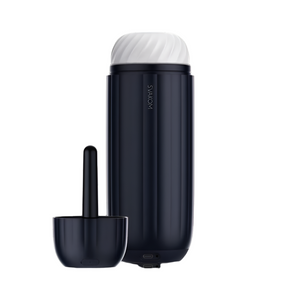 Black and white thermos with app-controlled features on a white background